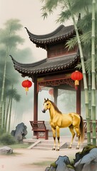 Golden horse near the pavilion surrounded by bamboo and lanterns