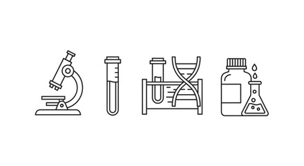 Line art illustration of microscope, test tubes, dna strand and laboratory glassware in black and white created with generated ai