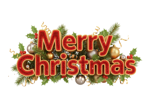Glittering Christmas Greeting with Ornaments isolated on a transparent background