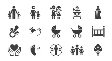 Fototapeta premium Collection of family and baby related icons featuring parents children and baby accessories items set created with generated ai