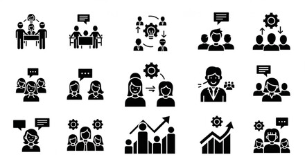Illustration of business meeting icons showing teamwork and communication in various settings and scenarios created with generated ai