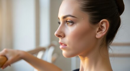 Young caucasian female ballerina practicing at dance studio