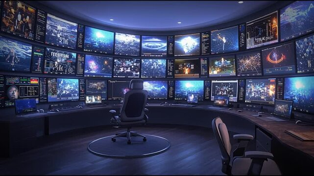 newsroom inspired by spaceship bridge, multiple display panels and captain&rsquo;s chair