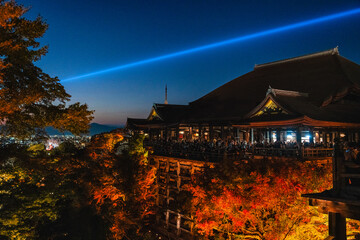 Scenic sight in Kiyomizu-dera Temple at night during fall season. Kyoto, Japan.