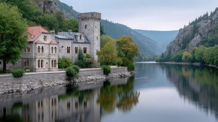 Fototapeta premium Fairytale Castle Perched Beside a Calm River Reflecting the Overcast Sky Amidst Verdant European Mountains and Lush Green Trees
