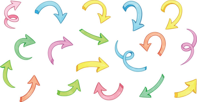 Collection of colorful hand drawn watercolor arrows pointing in various directions and forms