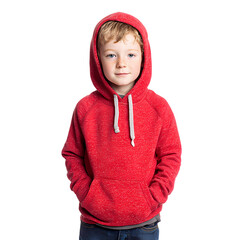 Front young boy wearing a red hoodie isolated on transparent background