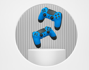 Colorful gaming controllers joystick levitating over podium against abstract background, minimalist concept device on pedestal