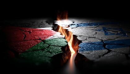 An image showing cracked earth with flags representing political division and underlying tension between two sides.
