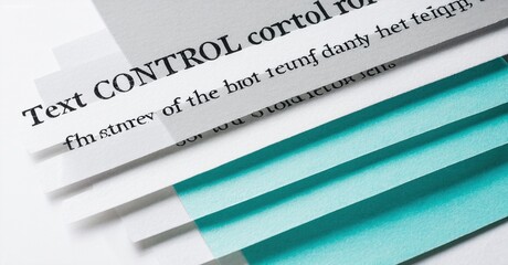 Stack papers display blurred text. Colors include white, blue, cyan. Focus on typography, document presentation.