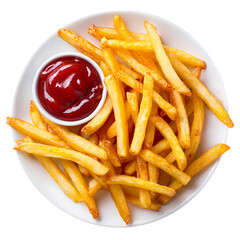 Full of french fries with ketchup on white plate isolated on transparent background