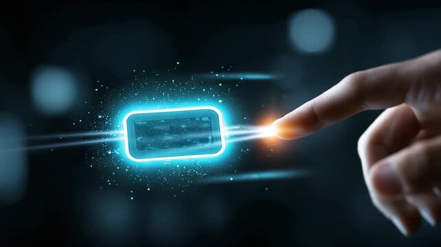 Finger activating a glowing digital interface with light streaks