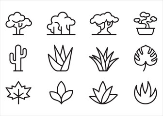  Collection of hand drawn outline illustrations of various plants and trees