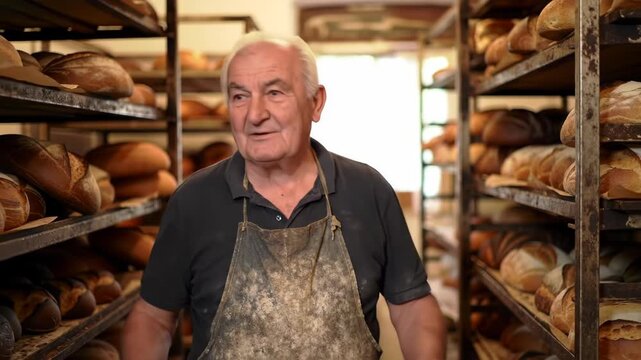 Portrait of a baker in bakery, looking at camera, shelves of bread in background. For advertising