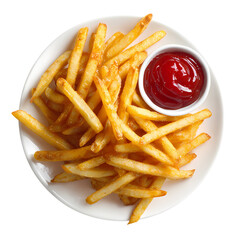 Full of french fries with ketchup on white plate isolated on transparent background