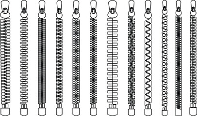 Zipper Icon Set, Fastener, Slider, and Zip Symbol Collection and Group, Clothing, Bag, and Textile Accessory Vector Fashion Tool, Sewing, Tailoring, Lock, and Stitch Design in Black Line Style © AbdulJabbar