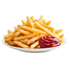Full of french fries with ketchup on white plate isolated on transparent background
