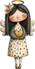 Gentle Angel: A sweet angel with a golden heart, a symbol of love and grace, holds a heart, radiating warmth and kindness. This enchanting illustration evokes feelings of serenity and protection.