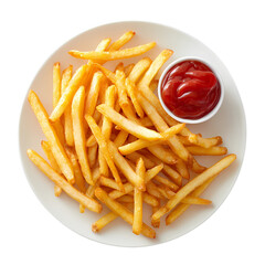 Full of french fries with ketchup on white plate isolated on transparent background