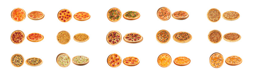Pizza set: Margherita, Pepperoni, Caesar, with salami and arugula, Fungi pizza, "Four Cheeses", with mushrooms, ham or sausage, tomato sauce, cheese, on wooden board, on transparent background, png