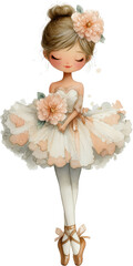 Graceful Ballerina: A charming illustration depicts a ballerina with delicate features, a sweet demeanor, and soft, pastel colors. She's poised elegantly, flowers.