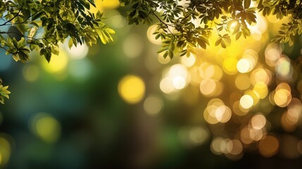 Natural green leaves frame beautiful golden sunset light with soft blurred bokeh background