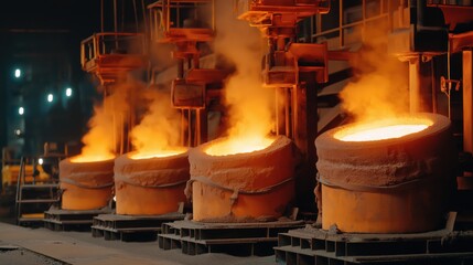 Industrial scene of molten metal glowing in ladles at steel production foundry plant