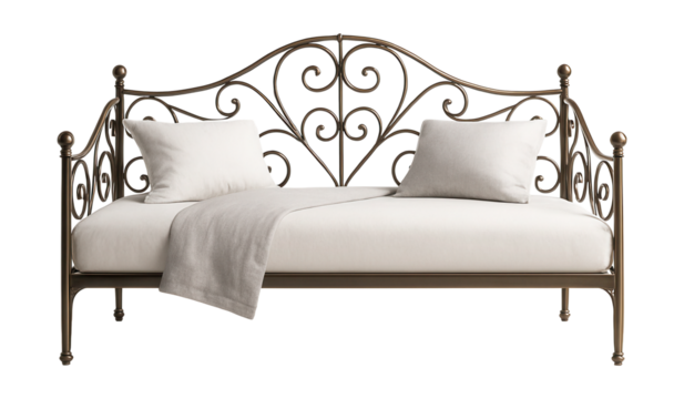 Ornate metal-framed daybed ideal for guest rooms.