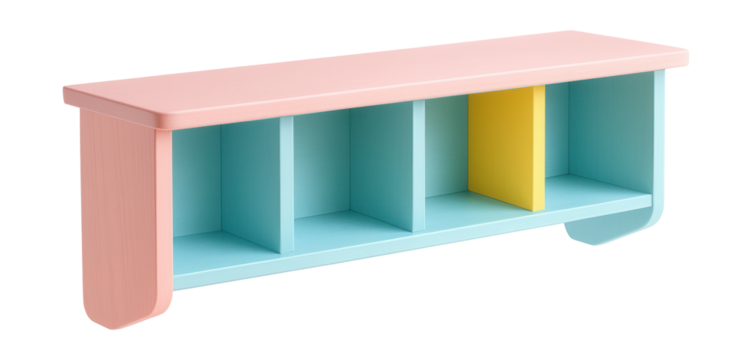 Colorful floating shelf for organizing toys and decor in a child's room.