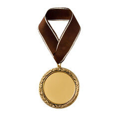 Gold blank medal with brown ribbon isolated on transparent background