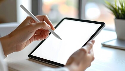 Hands holding a digital tablet and stylus, showcasing a blank screen for creative concepts