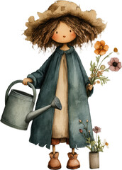 Nurturing Blooms: A watercolor illustration of a charming young figure with a watering can and a bouquet of flowers, embodying the joy of gardening.