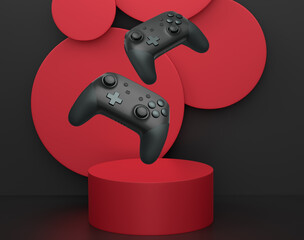 Colorful gaming controllers joystick levitating over podium against abstract background, minimalist concept device on pedestal