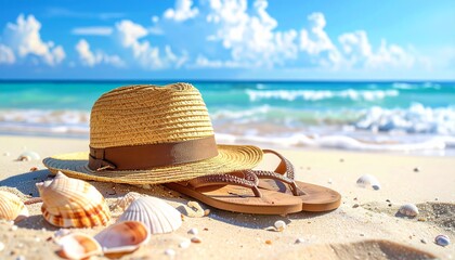 Tropical beach vacation essentials straw hat, flip-flops, and seashells on pristine sand