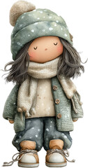 Winter Doll's Serenity: A delicate illustration depicts a cute doll dressed warmly in winter apparel, emanating a sense of peacefulness.  