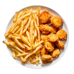 Golden french fries and chicken nuggets on white plate isolated on transparent background