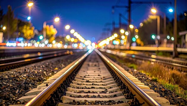 An empty railway line disappearing into the distance with glowing bokeh lights from a city at night