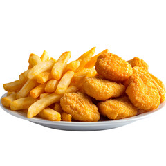 Golden french fries and chicken nuggets on white plate isolated on transparent background