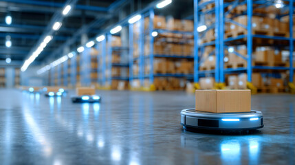 Autonomous delivery robot carrying cardboard box modern warehouse aisle with shelving and LED lighting, efficient logistic automation
