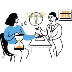 Patient with hourglass discusses reproductive health with doctor in white coat showing uterus illustration and test tubes in laboratory setting