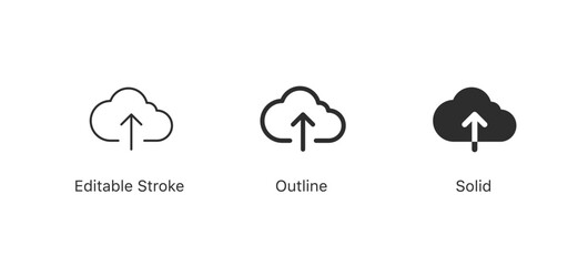 Upload cloud icons set: editable stroke, outline, and solid styles. for UI, web, and app design. Cloud upload Icons for data storage, backup, and file transfer concepts