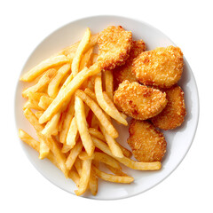 Golden french fries and chicken nuggets on white plate isolated on transparent background