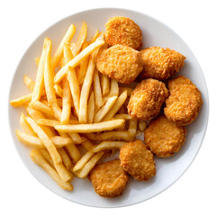 Golden french fries and chicken nuggets on white plate isolated on transparent background