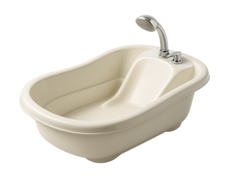 Baby bathtub with built-in shower for easy rinsing in a townhouse bathroom.