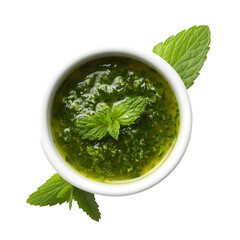 Green mint sauce white bowl top view isolated on transparent background