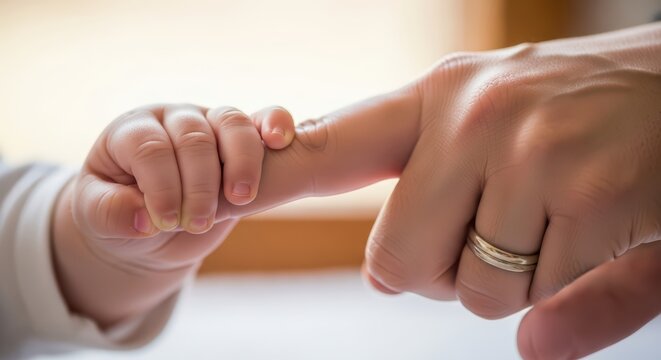 Tender moment between adult and infant with hands gently linked in a touching gesture