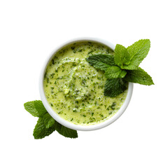 Green mint sauce white bowl top view isolated on transparent background