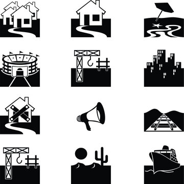 Black City and Construction Webdings Icon Set Silhouette Illustration Vector