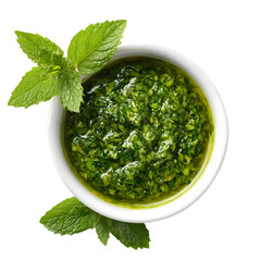 Green mint sauce white bowl top view isolated on transparent background