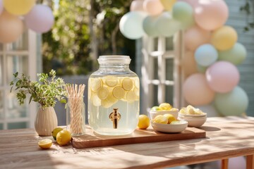 A beautifully arranged party table showcases a large jar of lemon-infused drink surrounded by bowls of fresh lemons and decorative elements, creating a vibrant atmosphere for guests